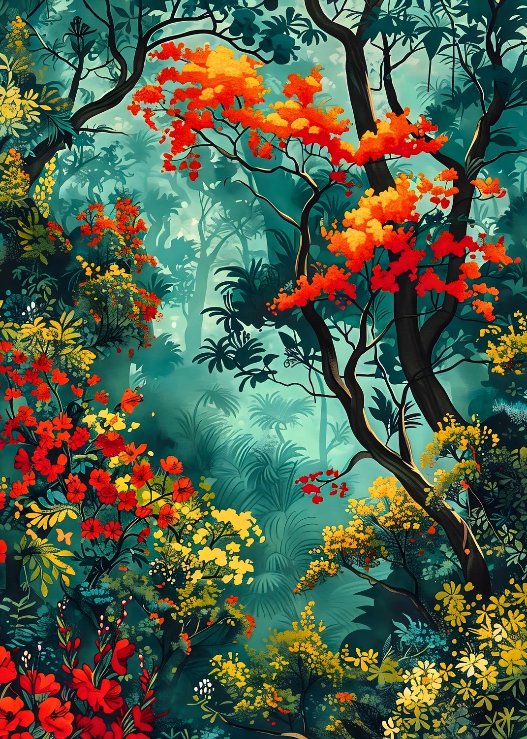 Enchanted Forest Poster - Vibrant Jungle Landscape Poster - Colorful Botanical Trees Nature Poster - Moody Teal and Orange Floral Artwork — Poster