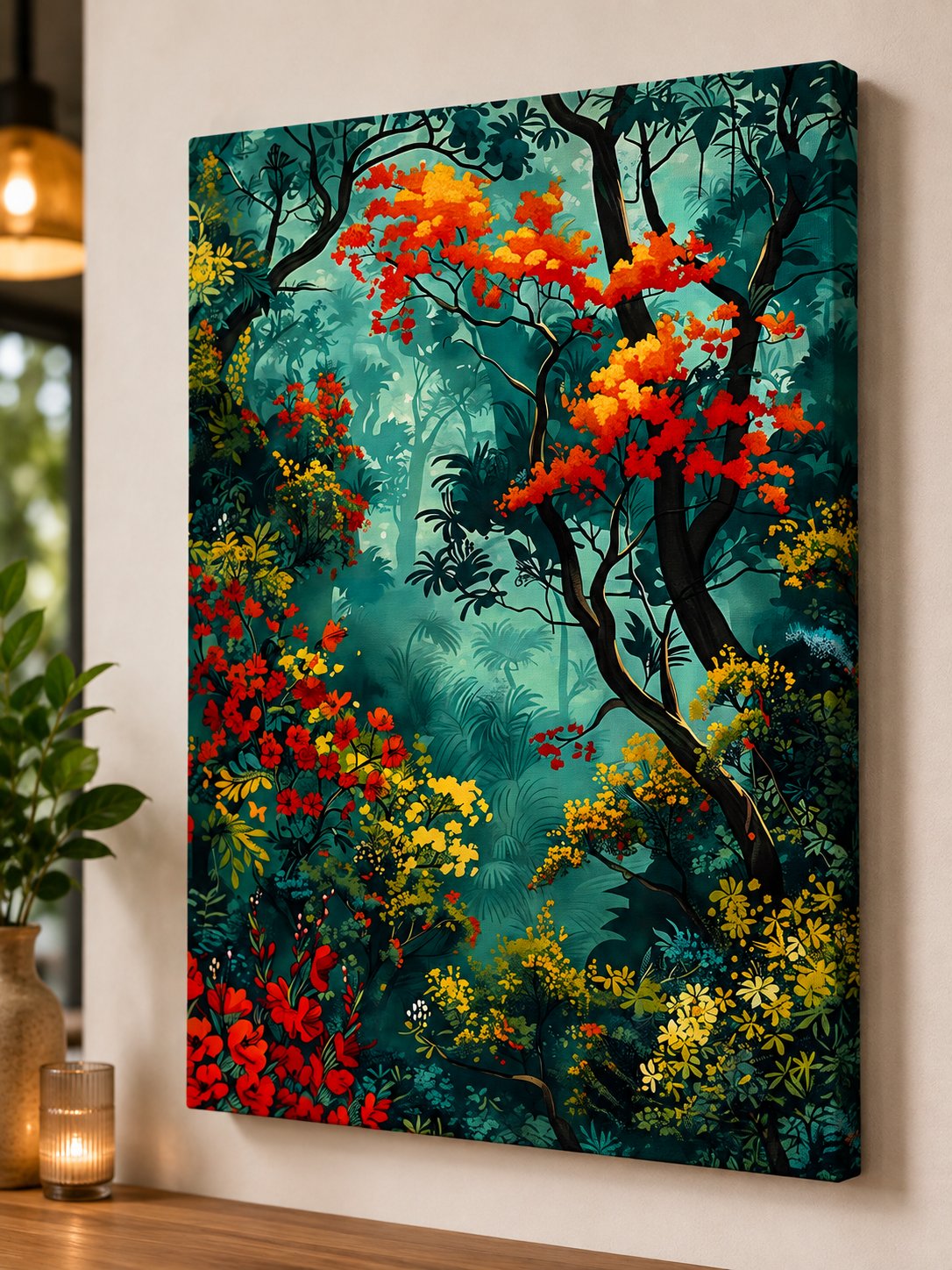 Enchanted Forest Wall Art - Vibrant Jungle Landscape Canvas Print - Colorful Botanical Trees Nature Poster - Moody Teal and Orange Floral Artwork canvas print — tropical jungle print