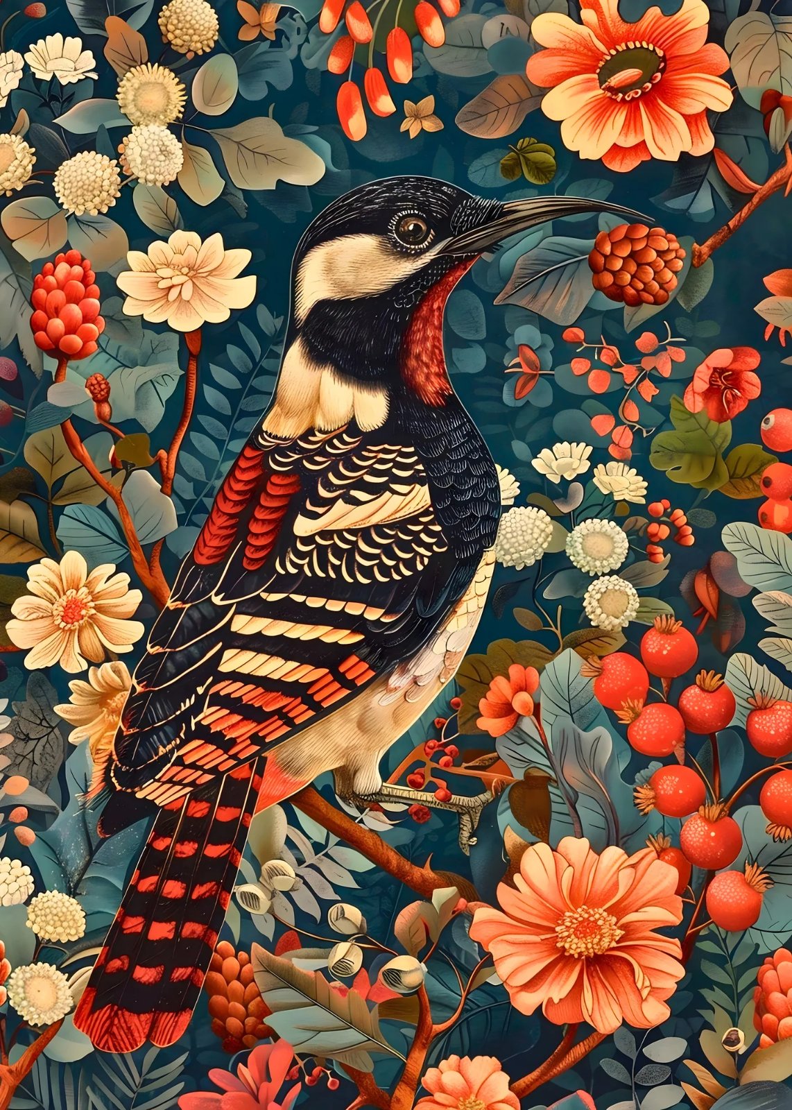 Exotic long-beaked bird with black white and red plumage among flowers — poster
