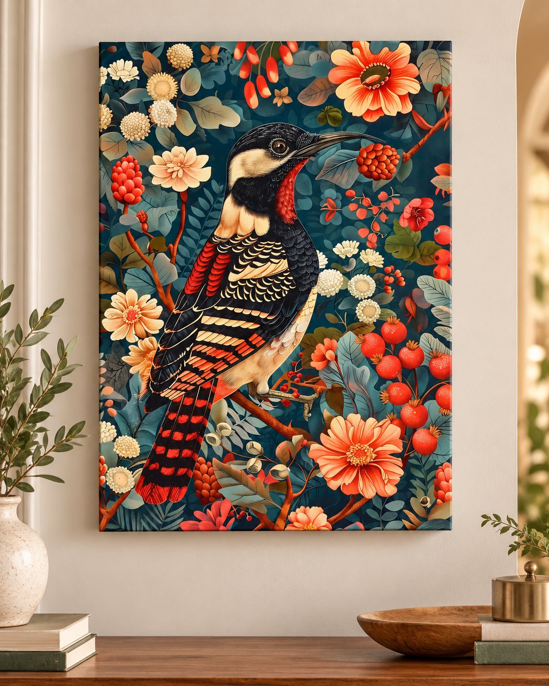 Exotic long-beaked bird with black white and red plumage among flowers — canvas wall art