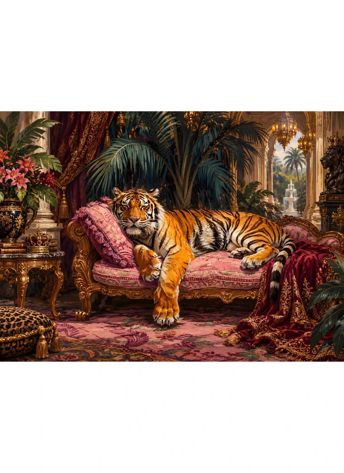 Regal Tiger on Pink Chaise – Luxury Maximalist Tropical Palace Poster in Gold, Burgundy & Emerald — Poster