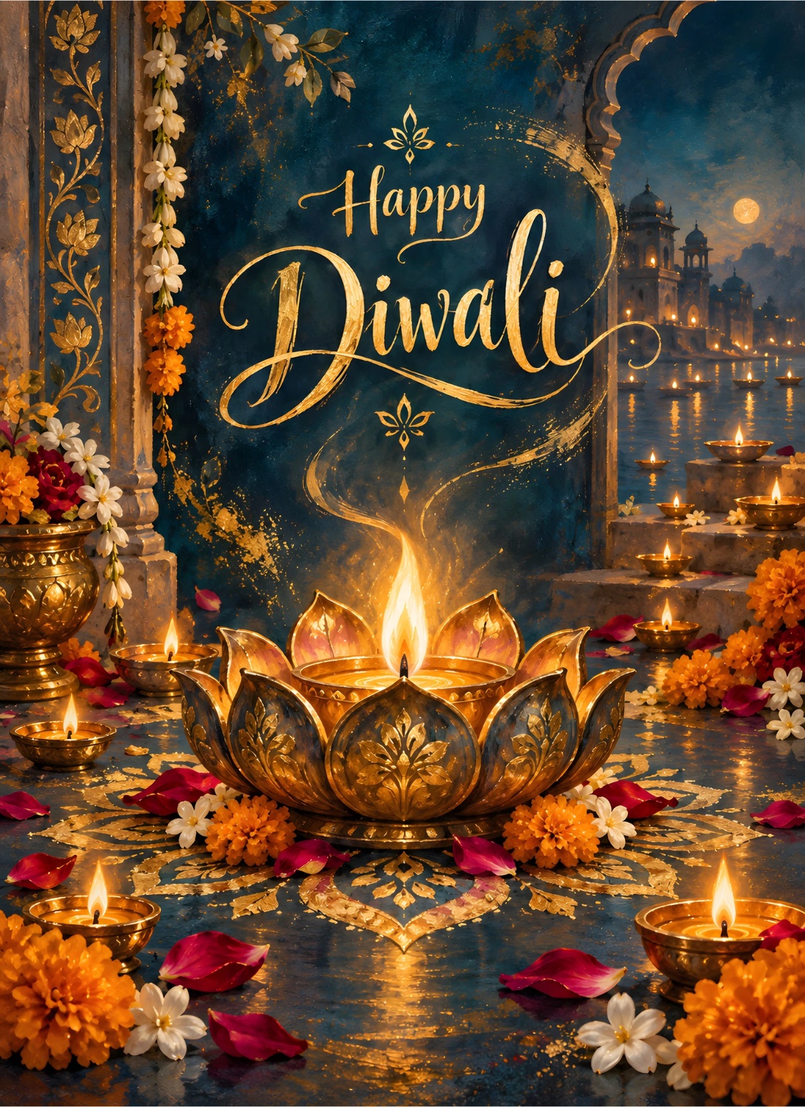 Gold “Happy Diwali” lettering above a glowing lotus-shaped diya surrounded by marigolds, white flowers, rose petals, multiple oil lamps, and deep teal architectural scenery.