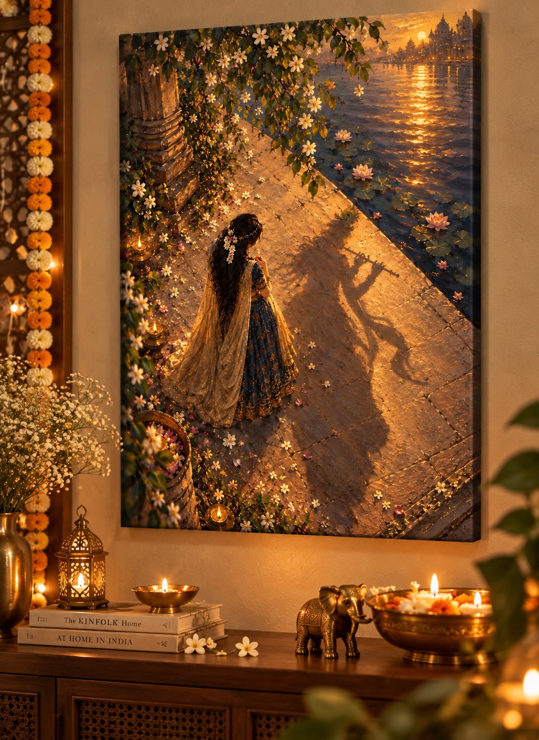Woman in blue-and-gold traditional dress beside lotus-filled water at golden sunset, surrounded by white flowers and lamps, with a flute-playing figure’s shadow across the stone walkway.