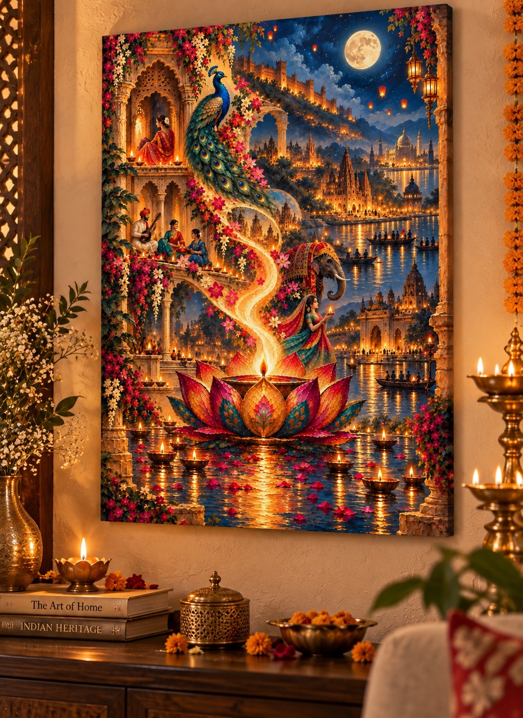 Moonlit Indian Festival Palace Art with Peacock, Elephant & Glowing Lotus – Vibrant Luxury Wall Décor