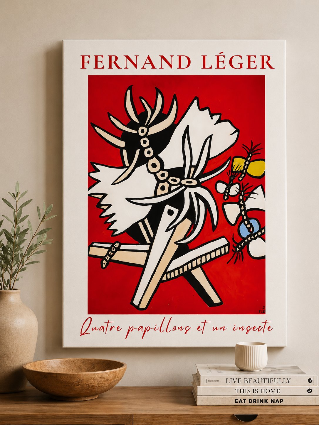 Fernand Léger 'Quatre papillons et un insecte' Art Print | Bold Red Abstract Exhibition Poster for Modern Wall Decor canvas print — fernand leger poster