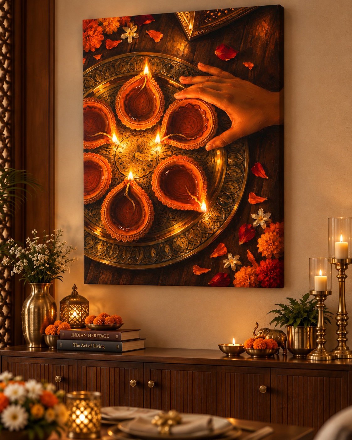 Glowing clay diyas on an ornate golden tray with a reaching hand, marigold flowers, and scattered red and orange petals.