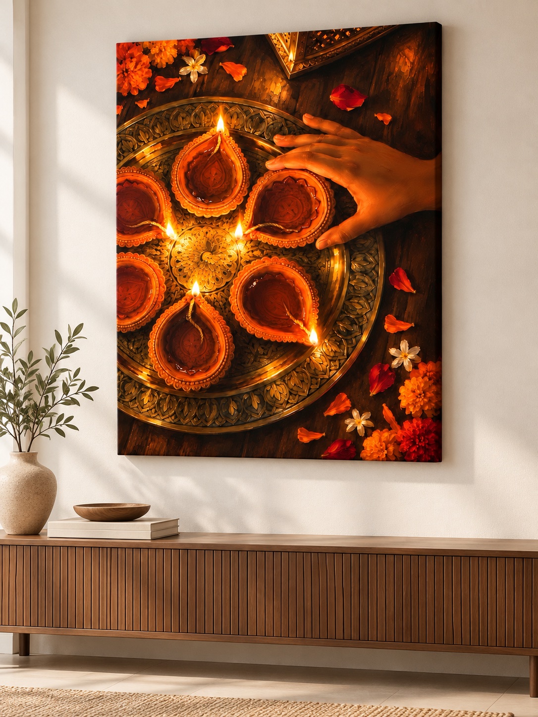 Glowing clay diyas on an ornate golden tray with a reaching hand, marigold flowers, and scattered red and orange petals.