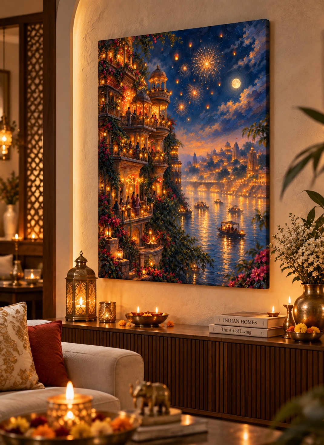 Ornate illuminated riverside buildings covered in flowers overlooking boats on reflective water, with golden fireworks, floating lanterns, and a full moon in a deep blue night sky.