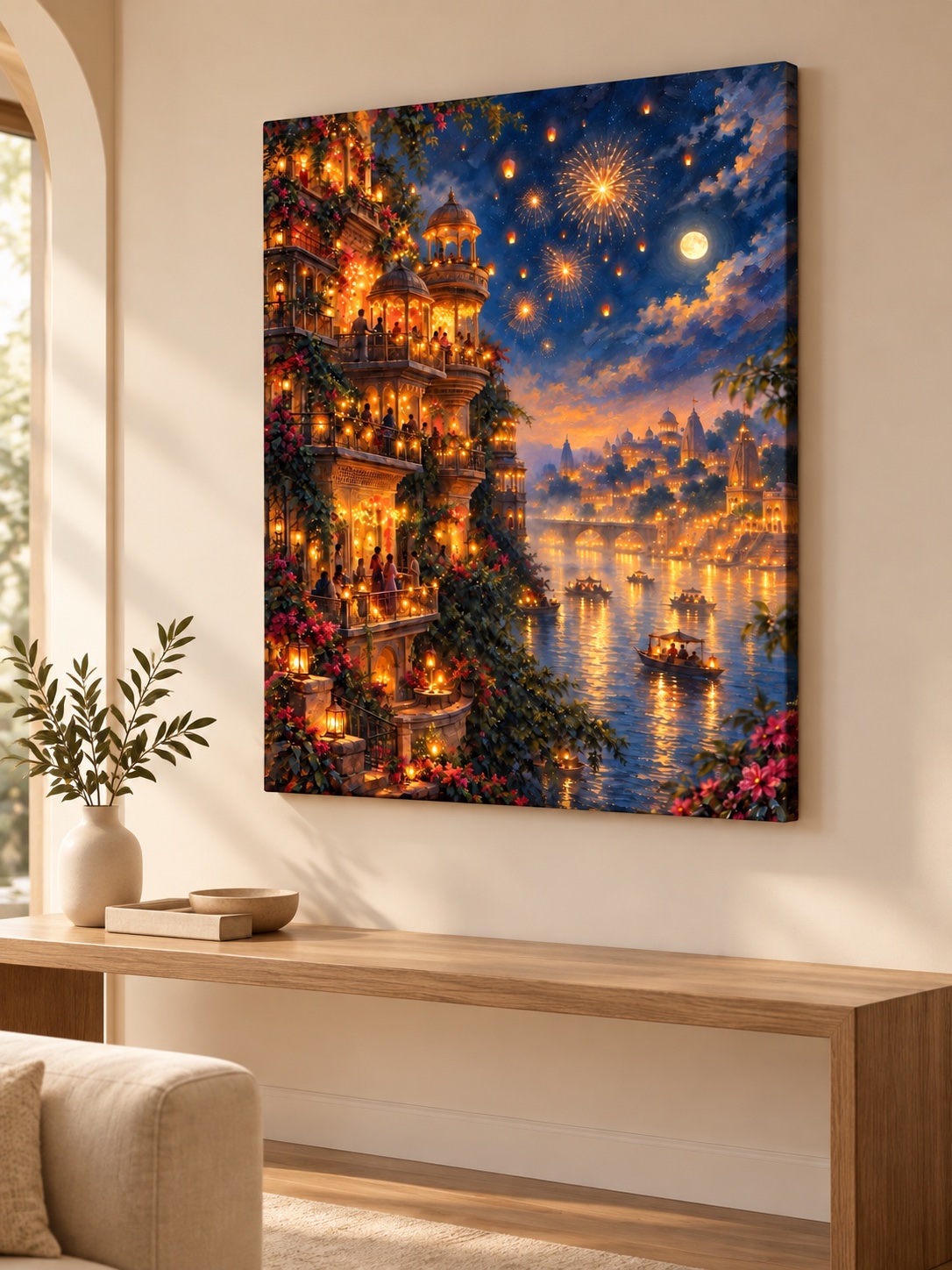 Ornate illuminated riverside buildings covered in flowers overlooking boats on reflective water, with golden fireworks, floating lanterns, and a full moon in a deep blue night sky.