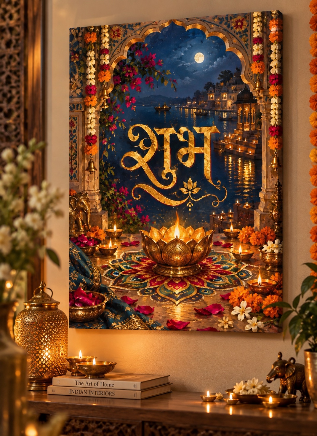 Festive Indian “Shubh” Artwork – Gold Devanagari Calligraphy, Diyas, Rangoli & Moonlit Palace Décor