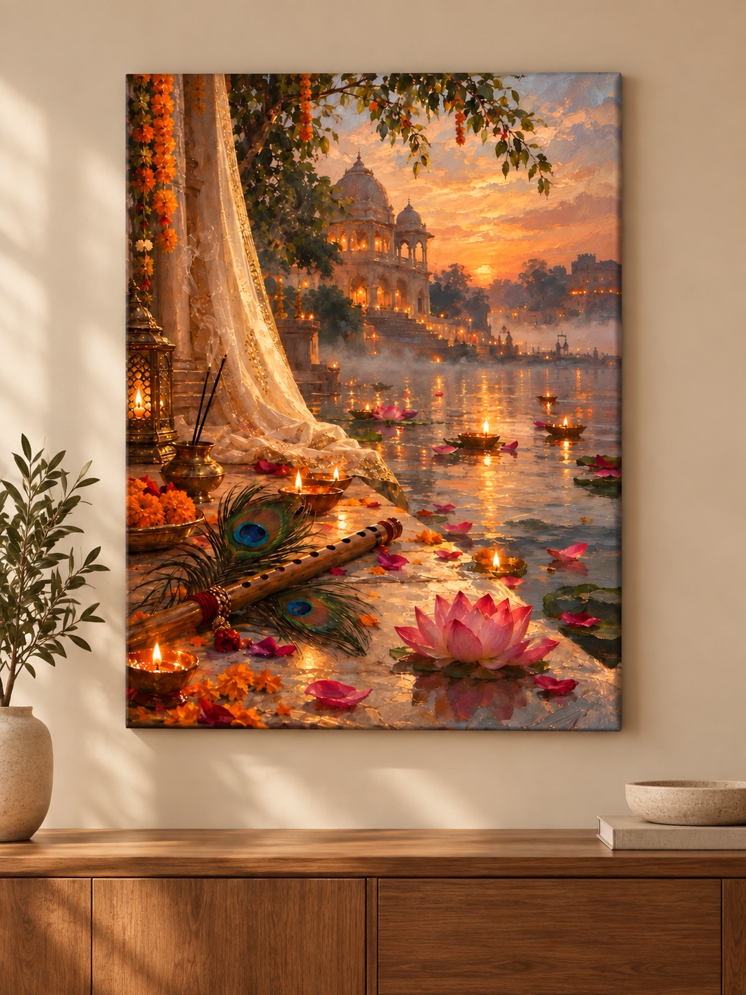Festive Riverside Temple Oil Painting with Diyas, Lotus, Flute & Peacock