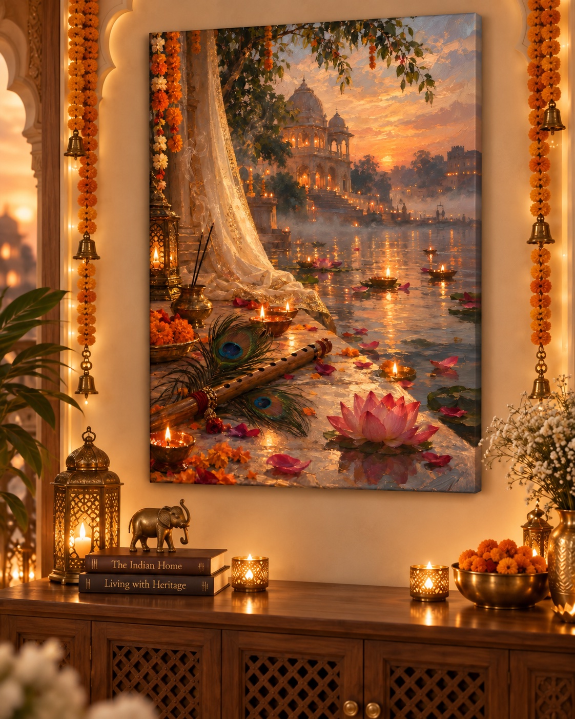 Warm golden painted scene of domed architecture by water with glowing diyas, lotus flowers, marigolds, a flute, peacock feathers, and a sunset sky.