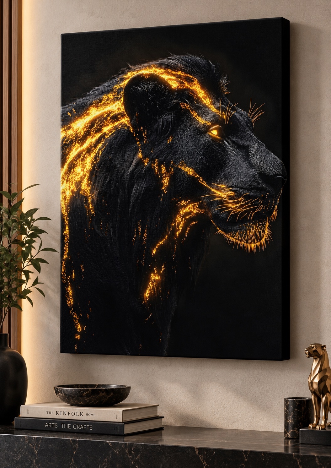 Fiery Golden Black Lion Canvas Wall Art – Glowing Lava Lion Modern Dark Decor Print canvas print — panther wall decor