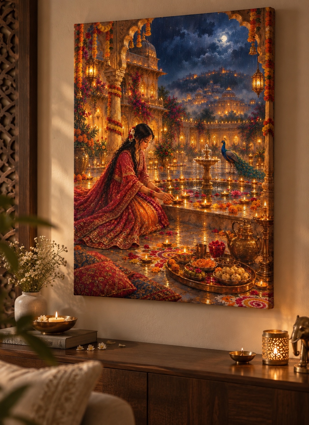 Royal Diwali Palace Celebration with Woman, Diyas & Peacock – Warm Festive Indian Wall Art