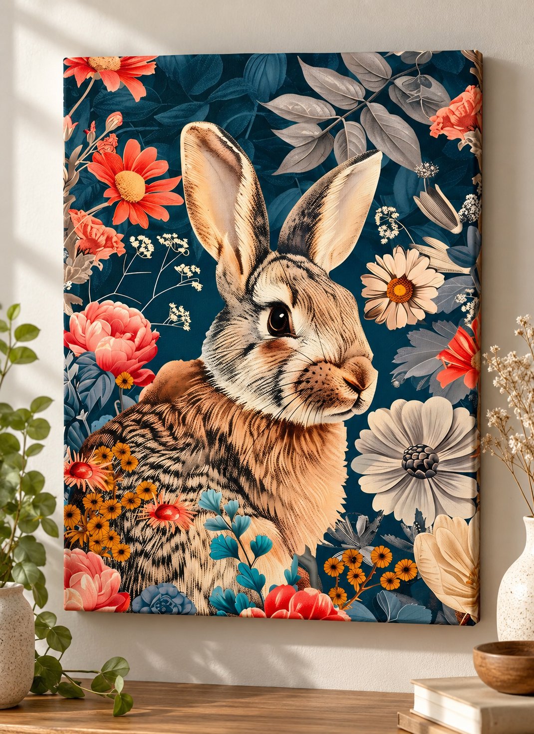 Floral Rabbit Portrait Wall Art in Teal, Coral & Cream – Botanical Animal Décor