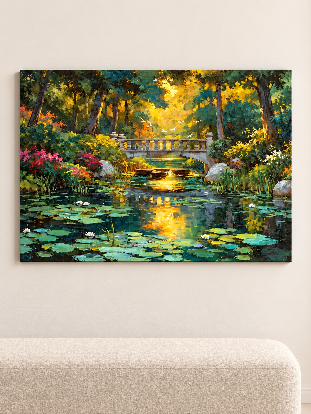Forest pond stone bridge canvas wall art with water lilies