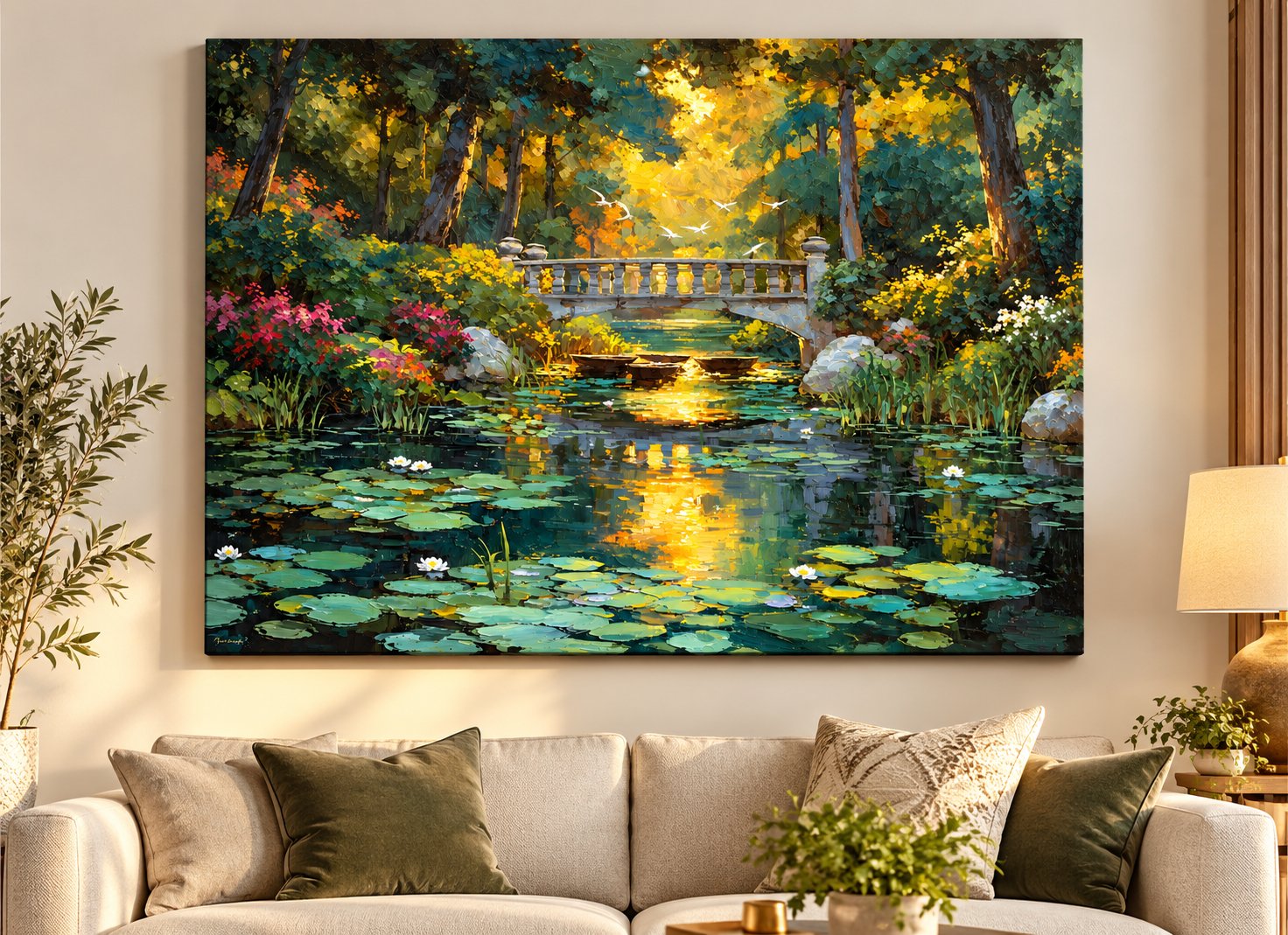 Forest pond stone bridge canvas wall art with water lilies