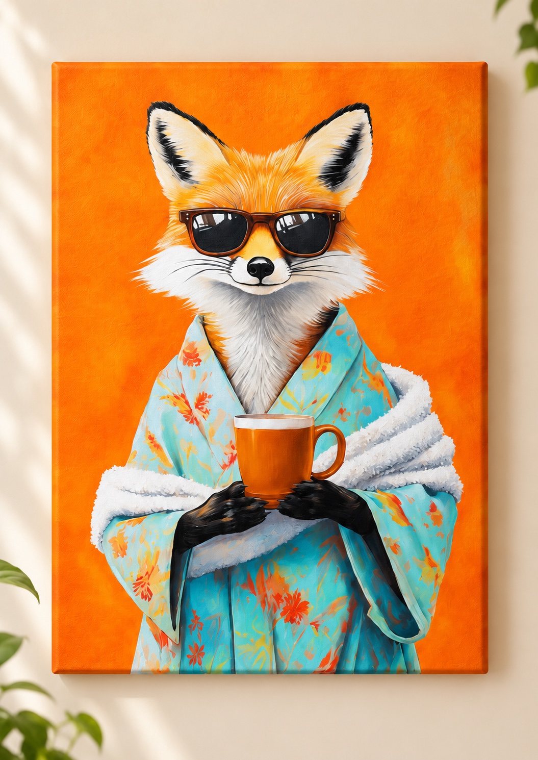 Orange and white fox wearing dark sunglasses and a turquoise floral robe, holding a brown mug against a bright orange background.