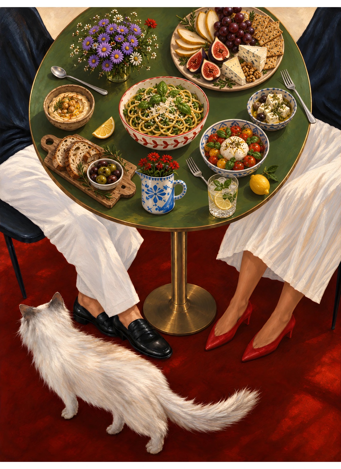 Vibrant Table Feast with White Cat – Green & Red Painterly Dining Scene Poster — Poster