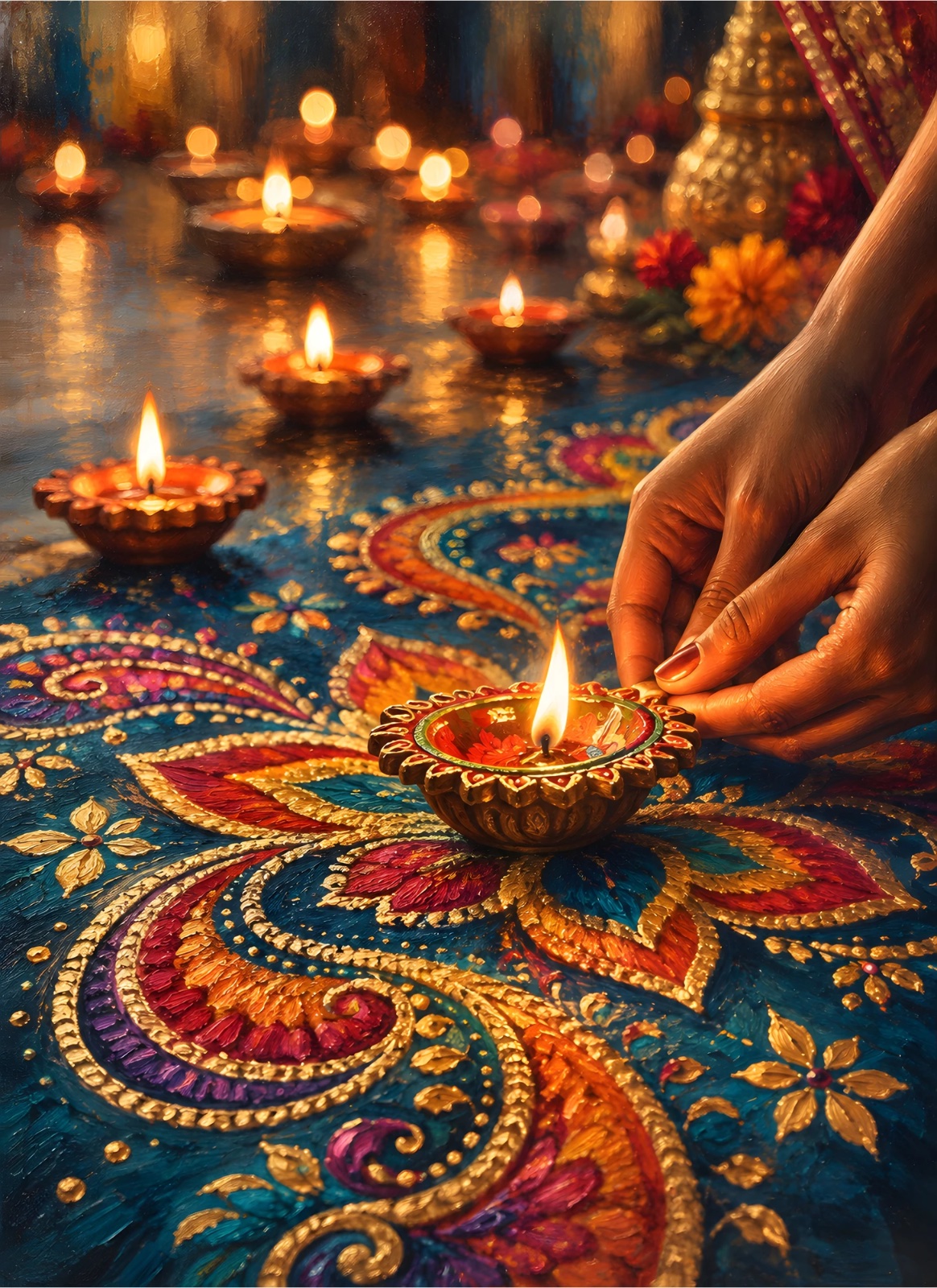 Hands tending a glowing diya surrounded by multiple oil lamps and ornate teal, gold, orange and magenta rangoli patterns.