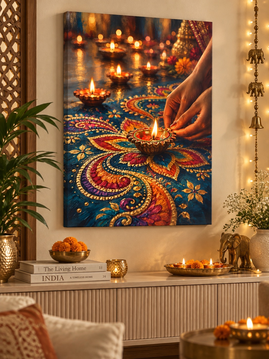 Hands tending a glowing diya surrounded by multiple oil lamps and ornate teal, gold, orange and magenta rangoli patterns.
