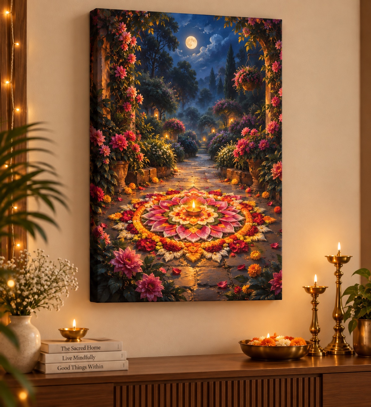 Full Moon Night Garden with Lit Oil Lamp and Floral Mandala Canvas Wall Art canvas print — diwali decor