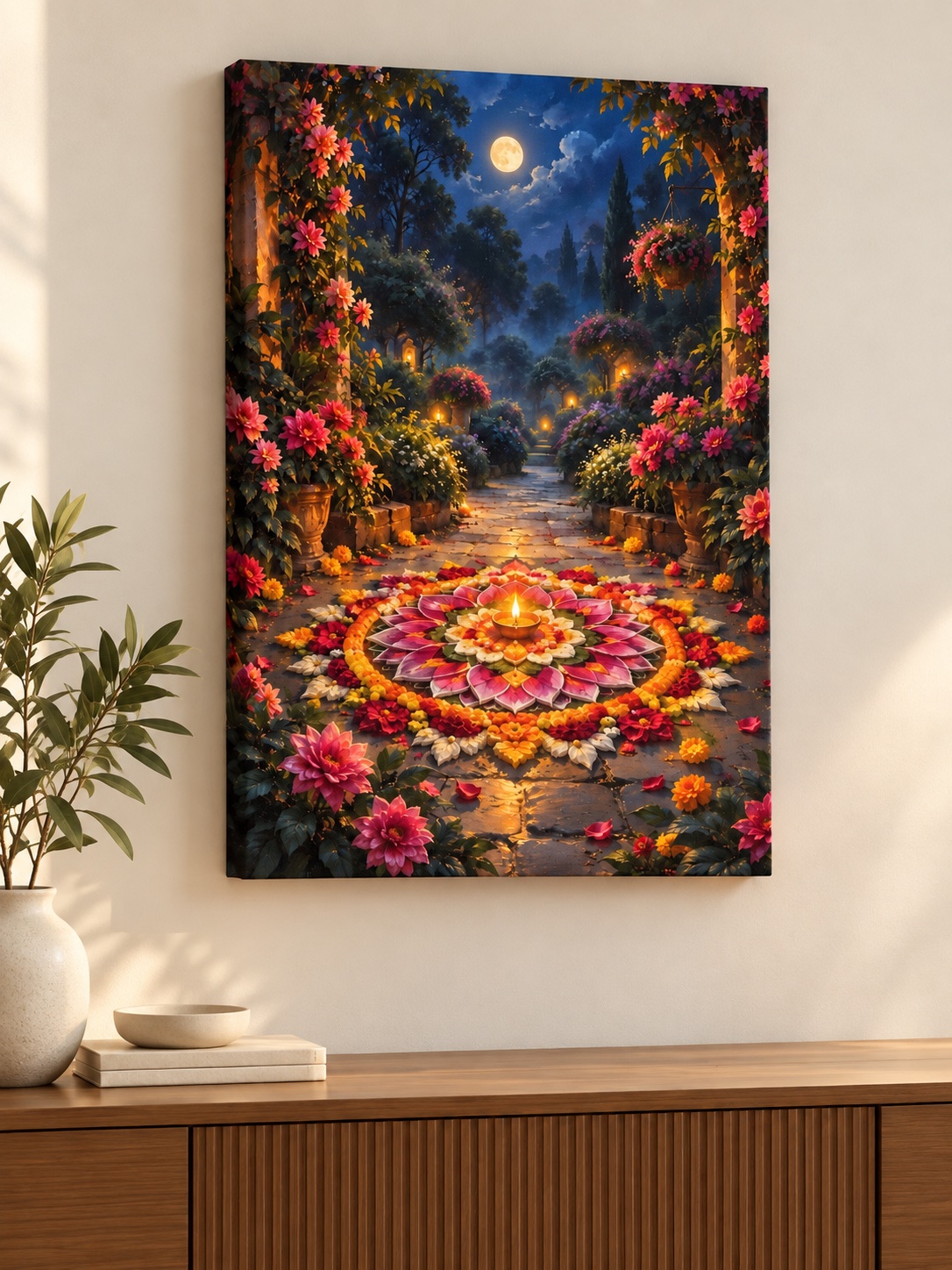 Full moon garden with lit oil lamp canvas wall art for living room, buy in India
