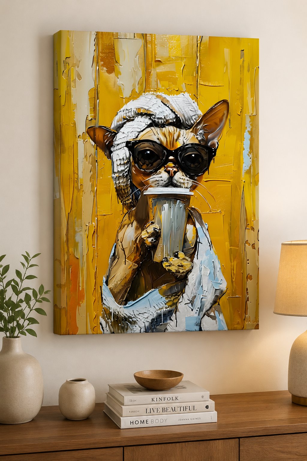 Funny Cat Wall Art, Chic Canvas Print, Yellow Bathroom Decor, Impasto Oil Painting Style, Whimsical Cat Holding Coffee and Wearing Sunglasses canvas print — quirky cat decor