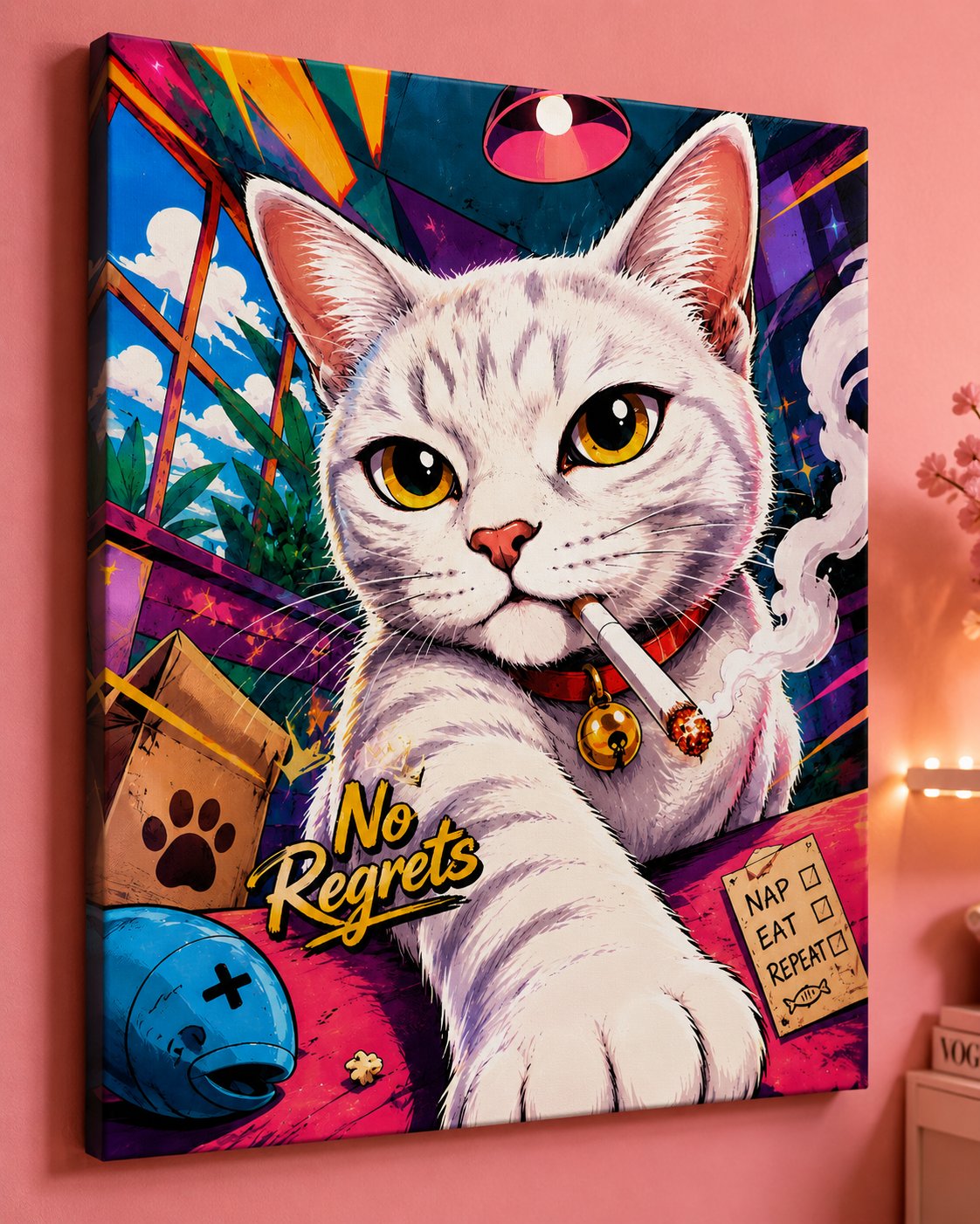Funny Cat Wall Art - Vibrant Pop Art White Cat Poster Print for Cool Room Decor canvas print — smoking cat poster