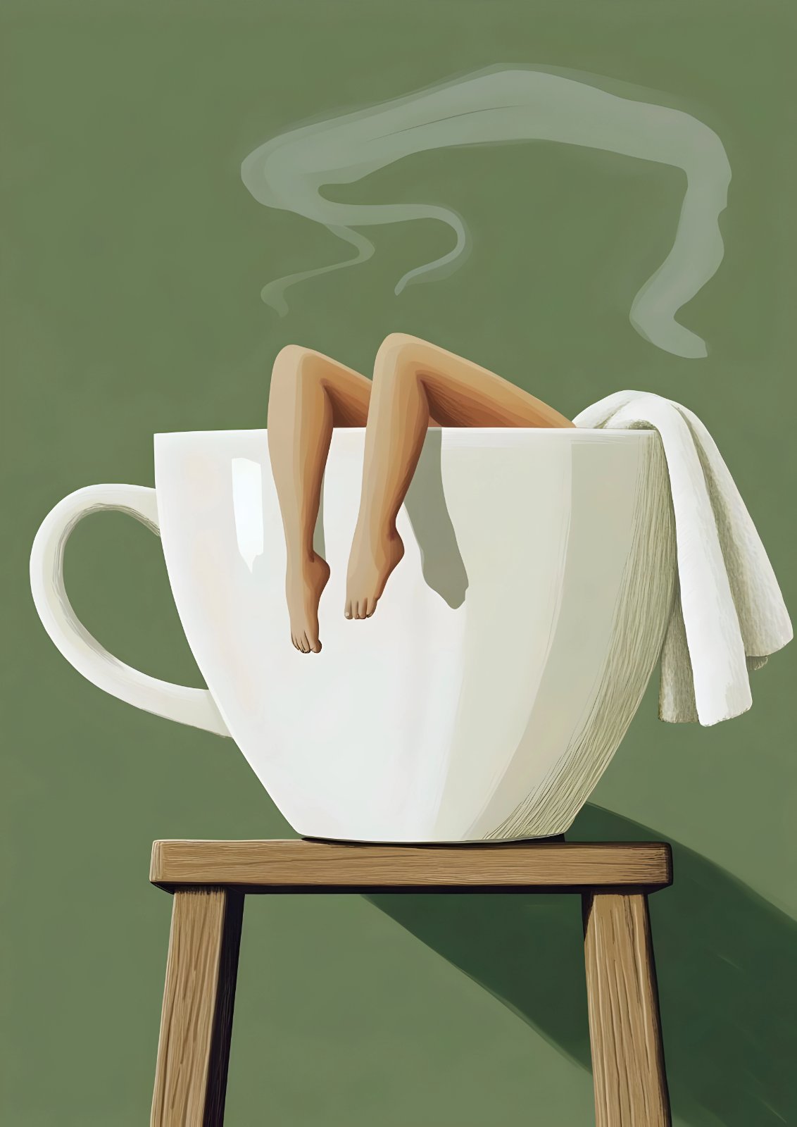 Bare legs dangling from an oversized white cup on a wooden stool, with pale wisps above it against a sage green background.