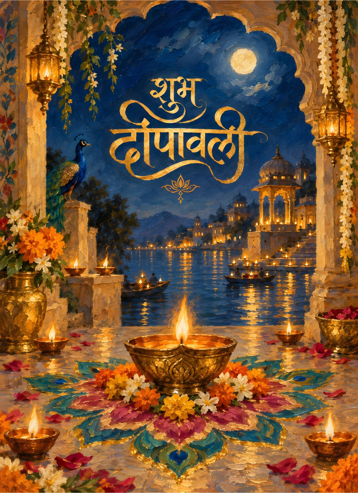 Glowing diyas surrounding a colorful floral rangoli beneath gold “शुभ दीपावली” lettering, with a peacock, moonlit water, boats, flowers, and illuminated architecture.