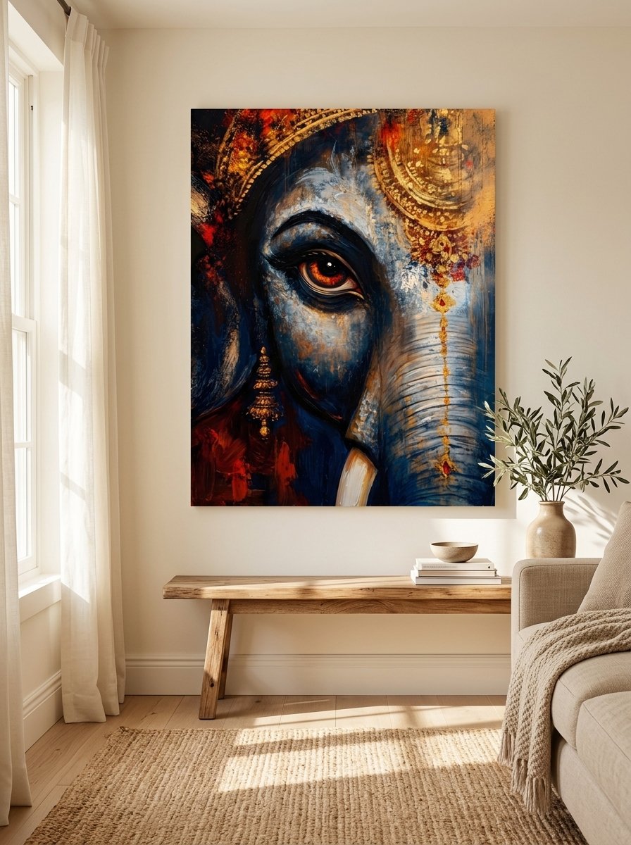 Close-up of Ganesha's divine eye in blue and gold impasto canvas wall art