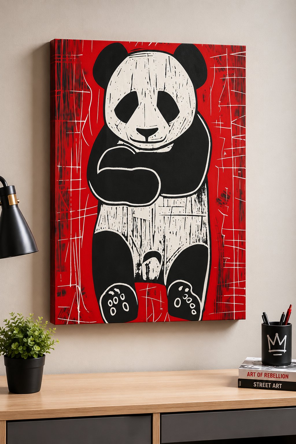 Giant Panda Woodcut Wall Art - Modern Red and Black Linocut Fine Art Print - Minimalist Asian Animal Artwork for Home Decor canvas print — panda wall decor