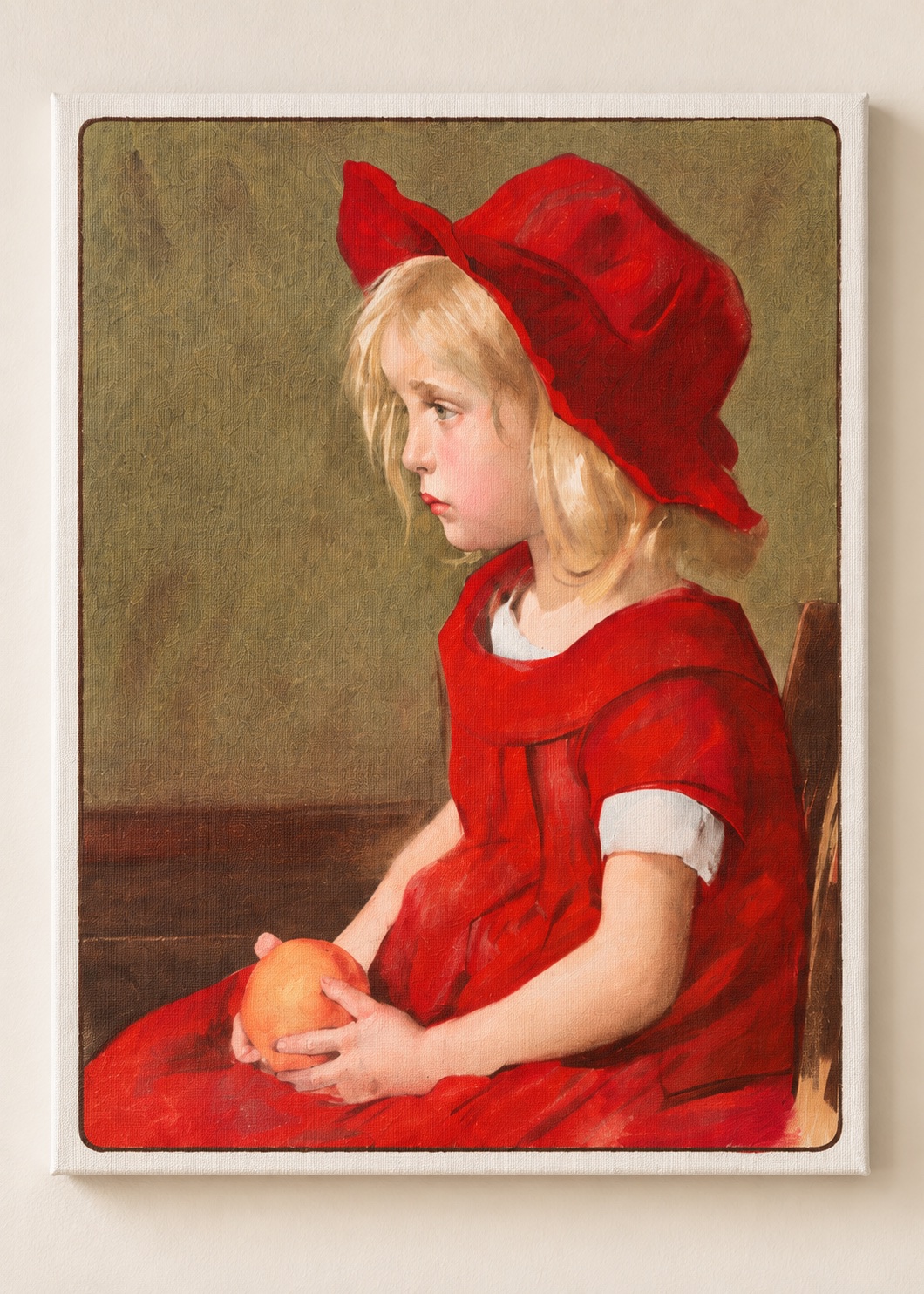 Girl in Red Dress Holding an Orange | Vintage-Style Portrait Wall Art canvas print — little girl wall art