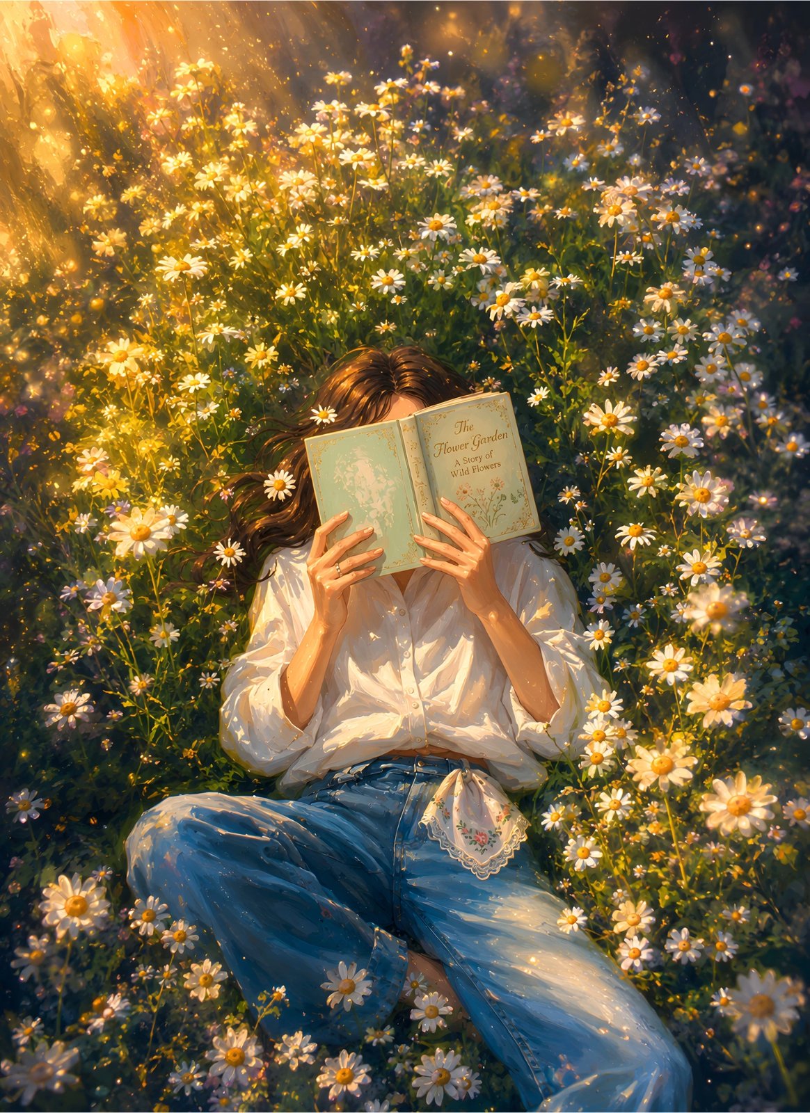 Girl Reading in a Wildflower Garden – Enchanted Daisy Meadow Floral Poster — Poster