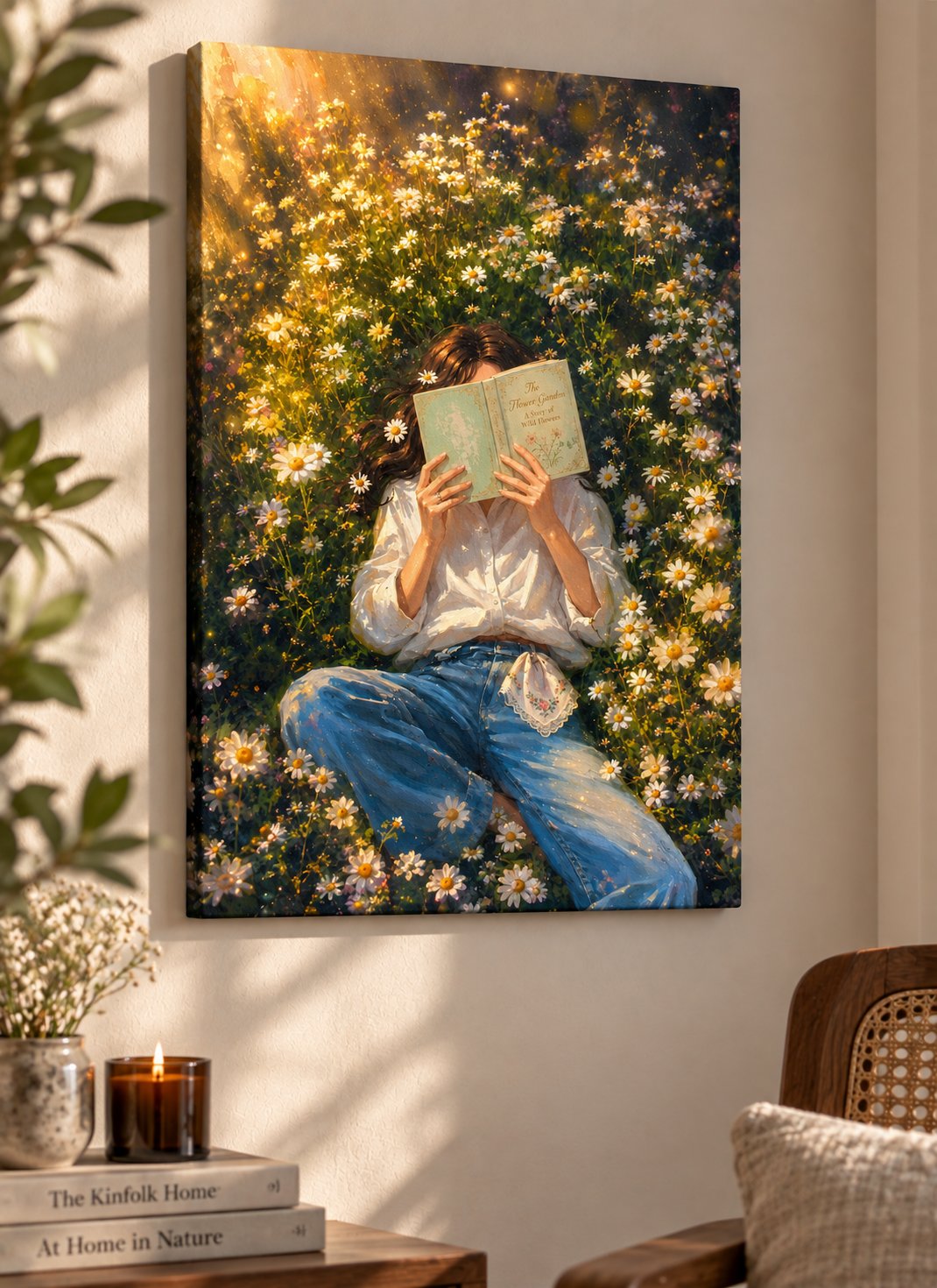 Girl reading a book surrounded by white daisies in a sunlit wildflower meadow, whimsical floral canvas wall art