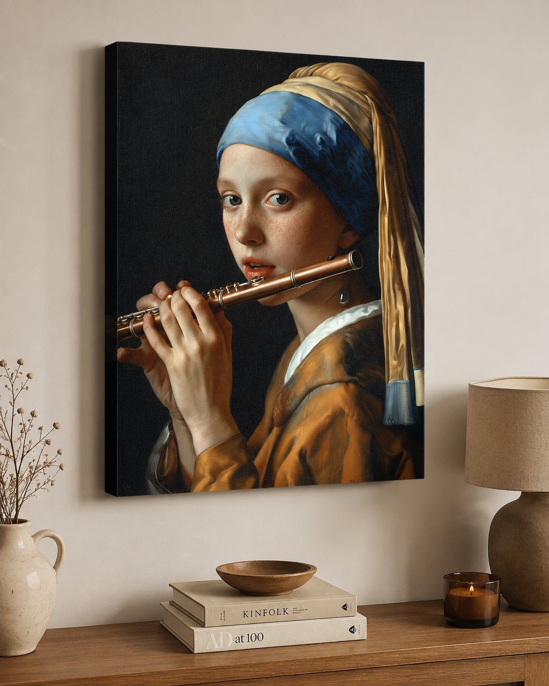Girl with a Pearl Earring Playing Flute Canvas Wall Art – Classical Baroque Parody Print canvas print — flute player artwork
