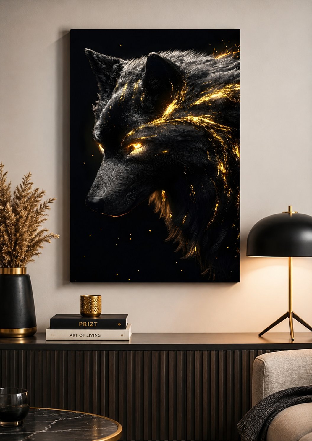 Glowing Gold and Black Wolf Canvas Wall Art - Modern Celestial Wildlife Print canvas print — wolf canvas decor