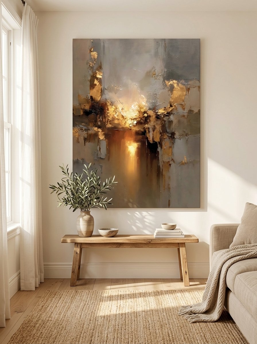 Gold beige and grey abstract impasto with glowing sun-like reflection — canvas wall art