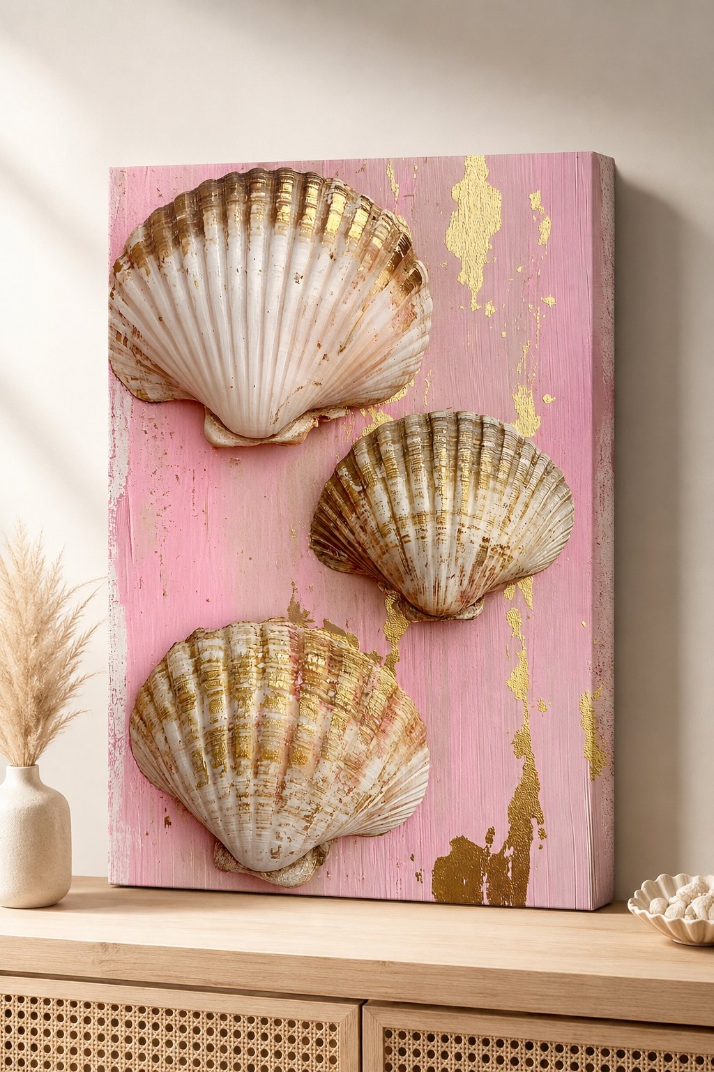Gold Foil Scallop Shell Wall Art on Pink Background – Coastal Chic Coastal Decor – Set of 3 Seashell Canvas Print canvas print — seashell decor