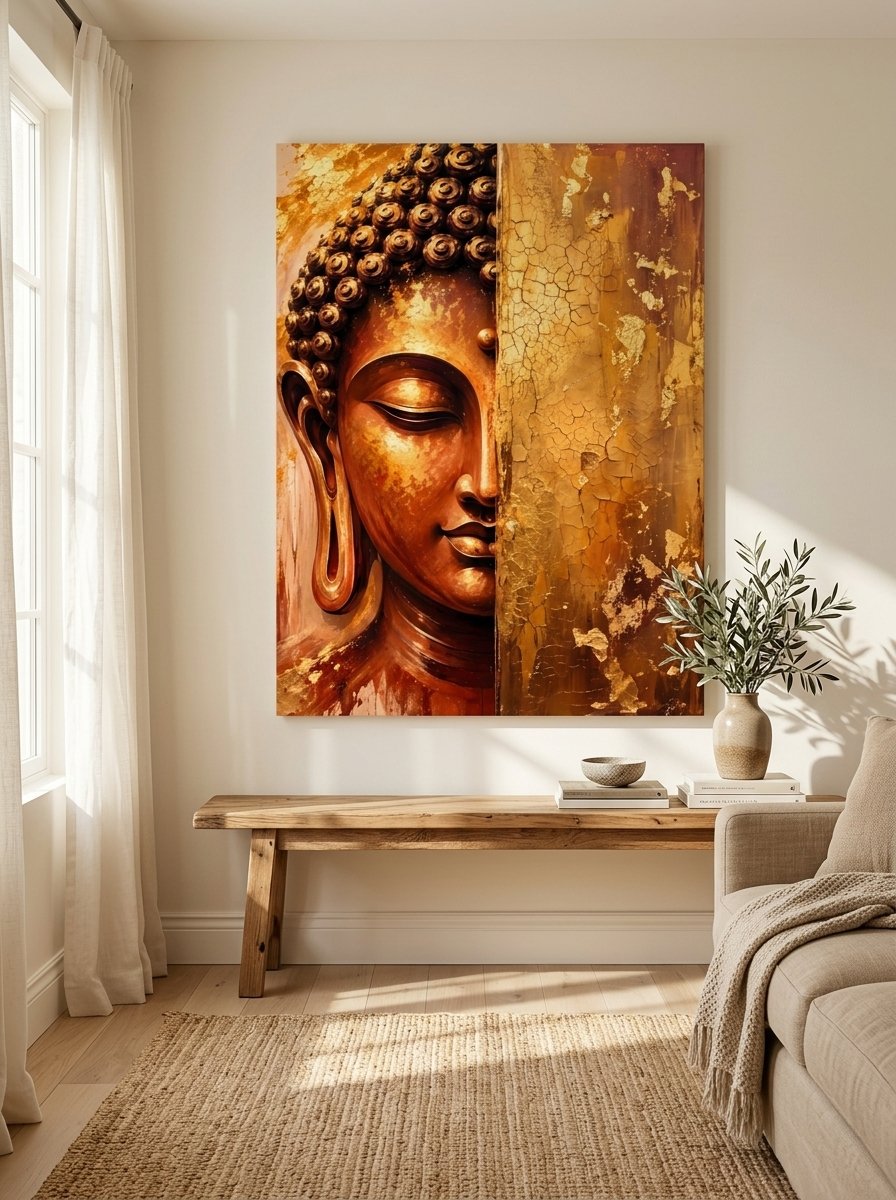 Golden Buddha face in gold-leaf impasto canvas wall art