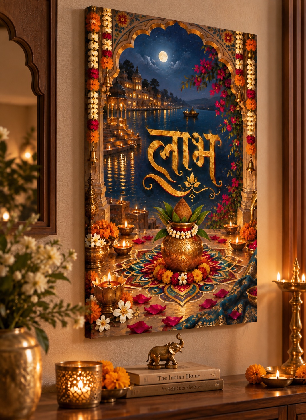 Golden Hindi word “लाभ” above a decorated kalash and colorful rangoli, surrounded by diyas, flowers and an ornate arch overlooking a moonlit waterfront palace.