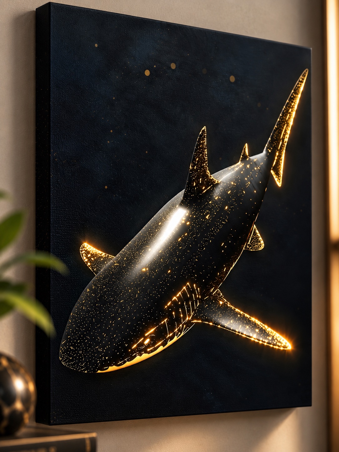 Golden Glowing Celestial Shark Wall Art – Modern Black & Gold Marine Life Canvas Print for Living Room & Office Decor