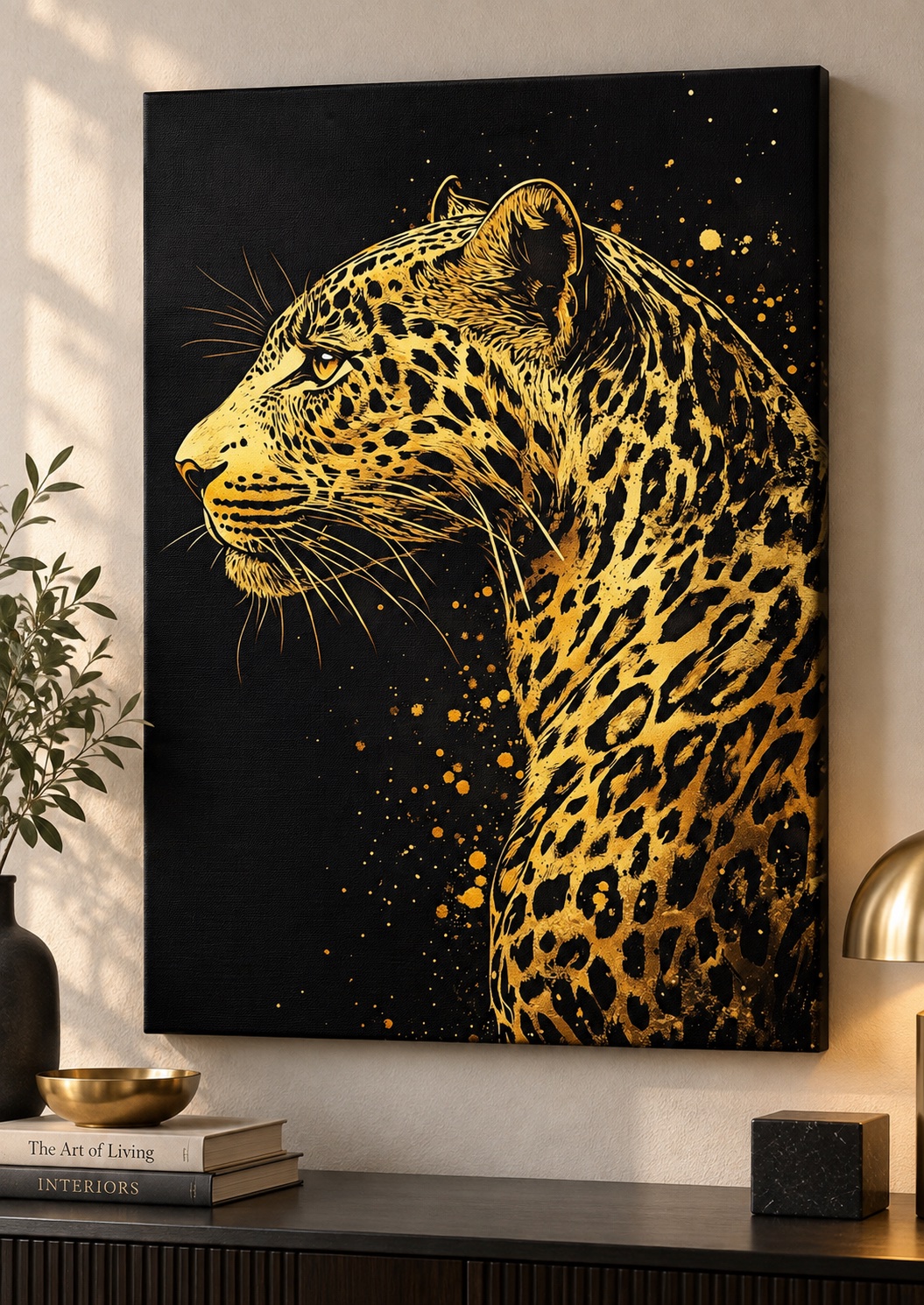 Golden Leopard Profile Wall Art – Black and Gold Wildlife Canvas Print for Modern Living Room Decor canvas print — leopard print