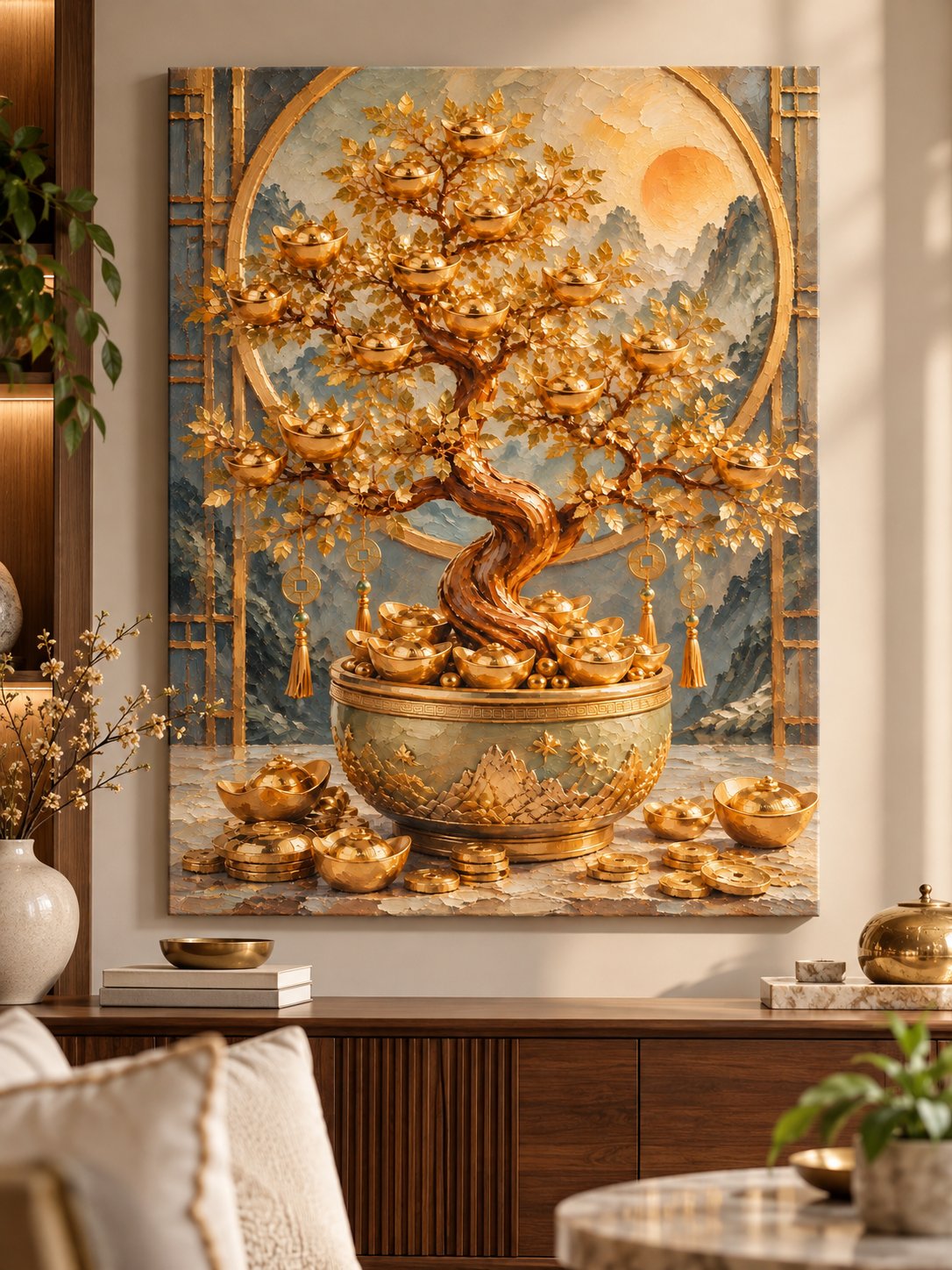 Golden Money Tree Bonsai Canvas Wall Art for Living Room | Buy Online India