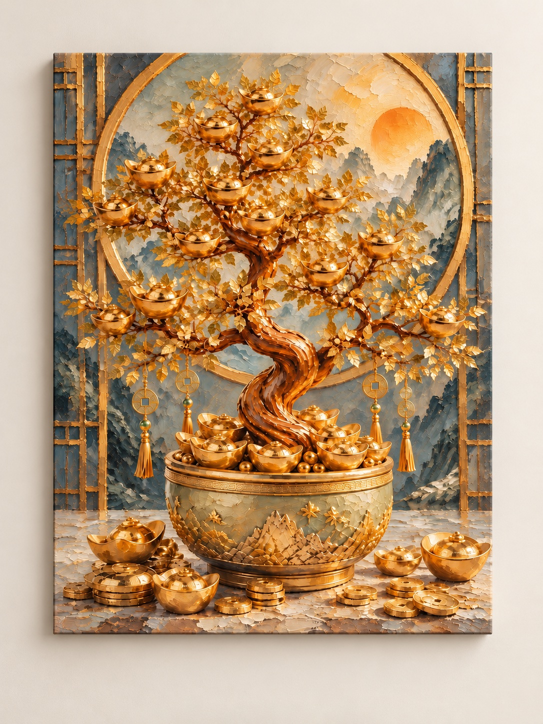 Golden money tree bonsai with gold coins in an ornate pot before a moonlit mountain landscape