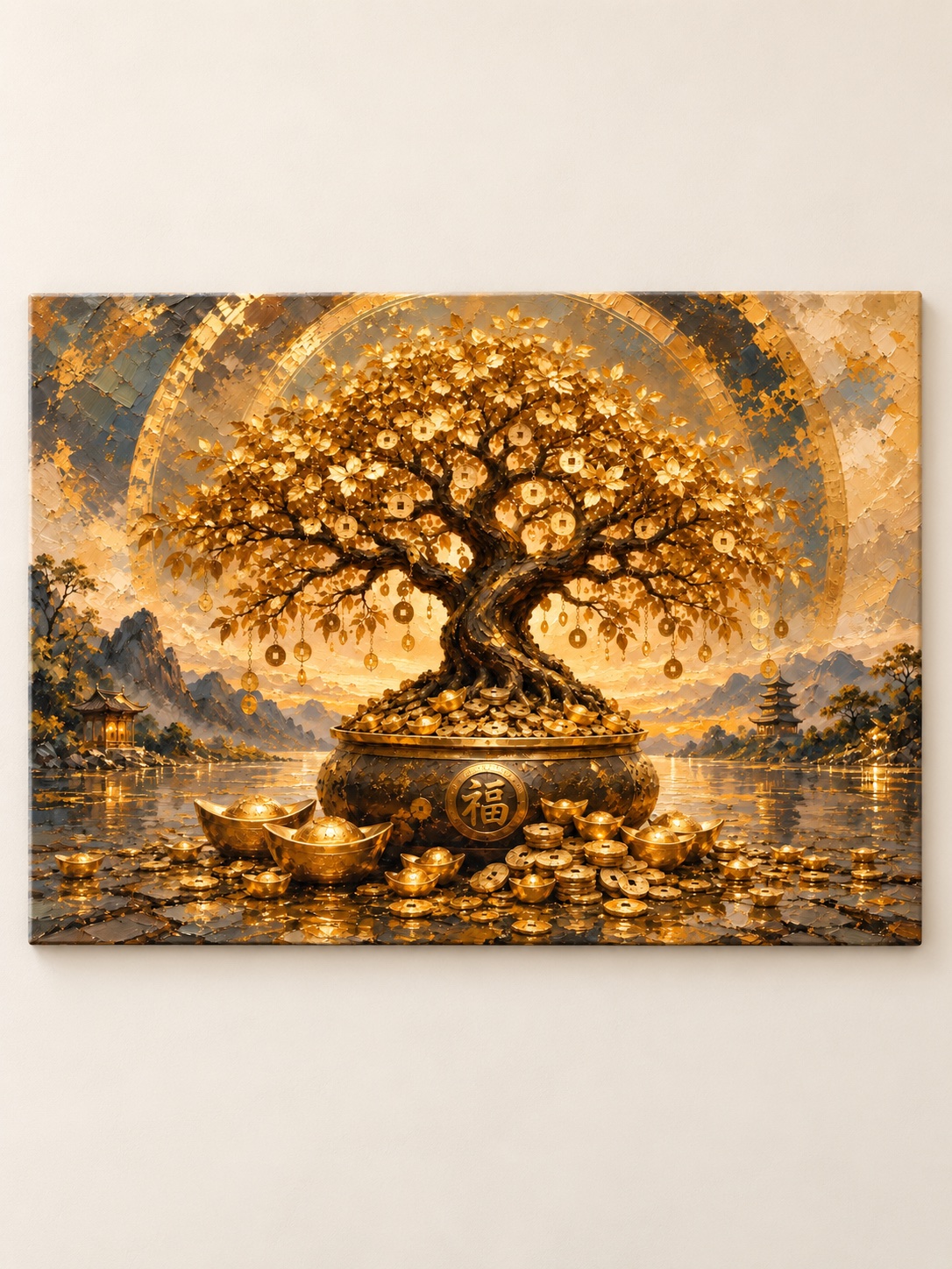 Golden money tree with gold coins and ingots glowing over a mountain lake