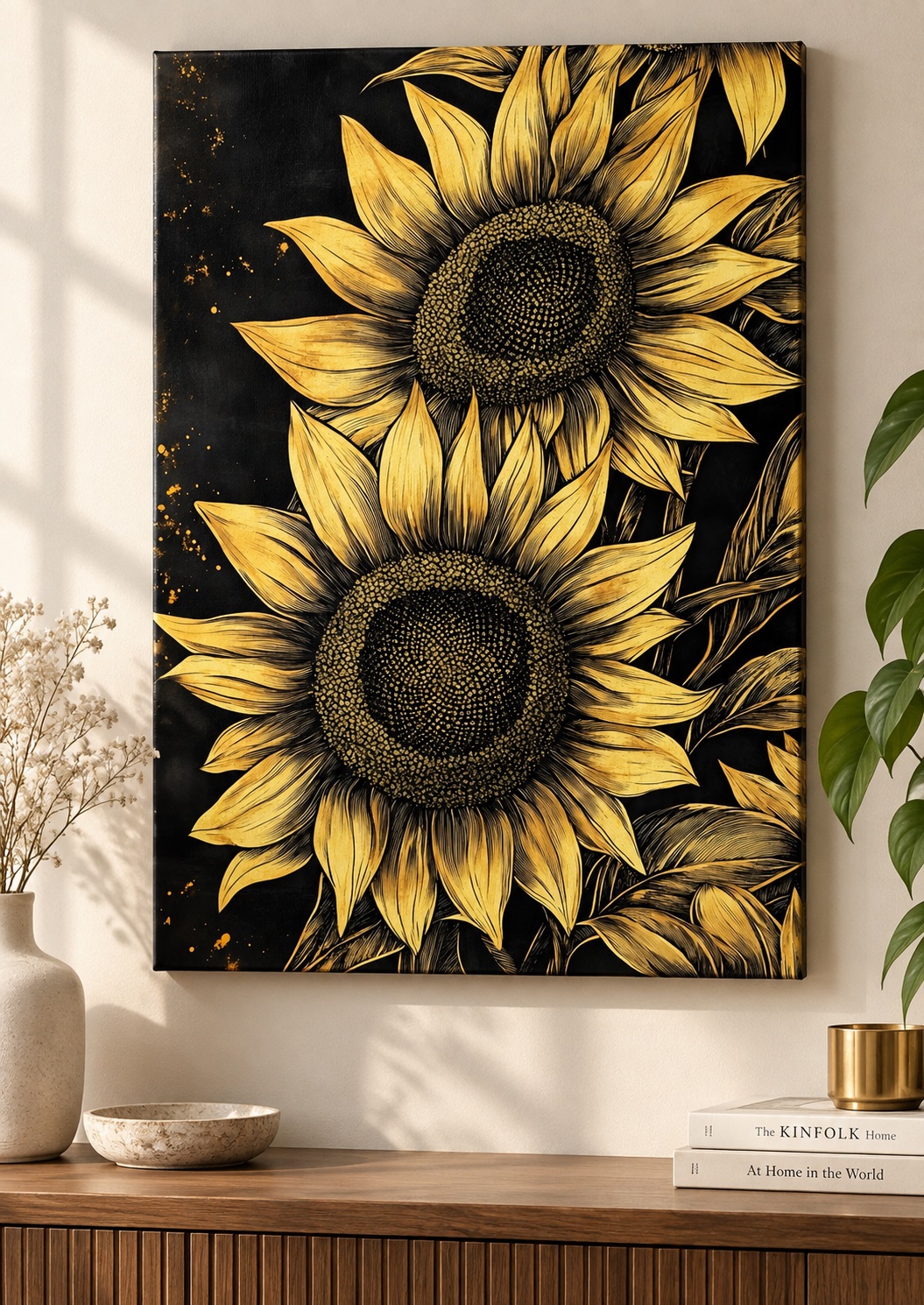 Golden Sunflower Canvas Wall Art – Elegant Modern Botanical Line Art Print on Dark Background canvas print — sunflower canvas print