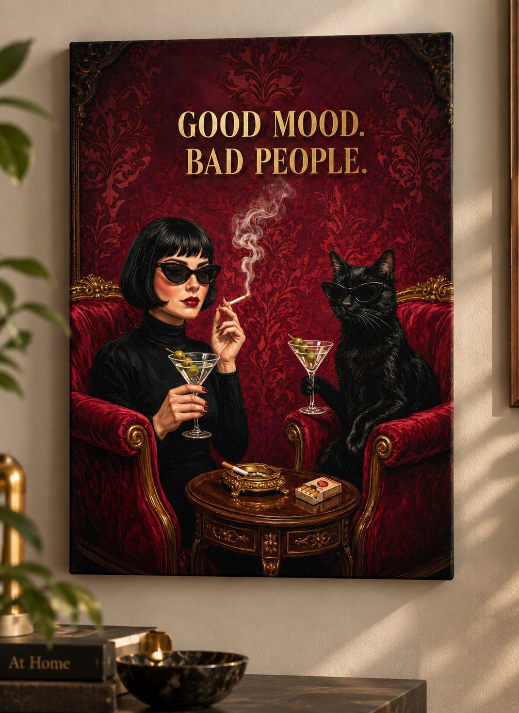 Good Mood Bad People – Gothic Luxe Woman & Black Cat Red Velvet Canvas Wall Art canvas print — gothic decor