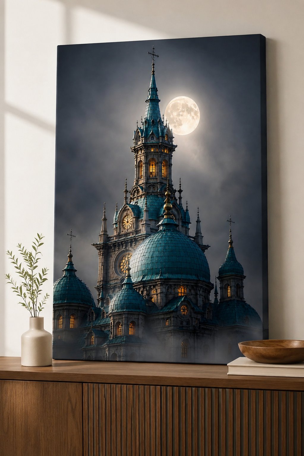 Gothic Cathedral under Full Moon Wall Art – Mystic Architecture Canvas Print canvas print — gothic cathedral